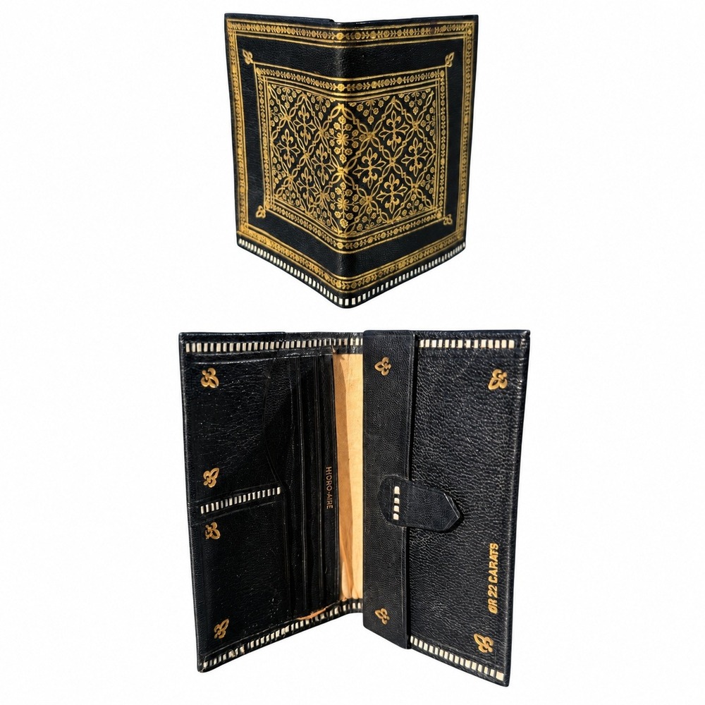 Vintage Moroccan Leather Wallet Black 22K Gold Ornate Bifold OR 22 Carats 1950s